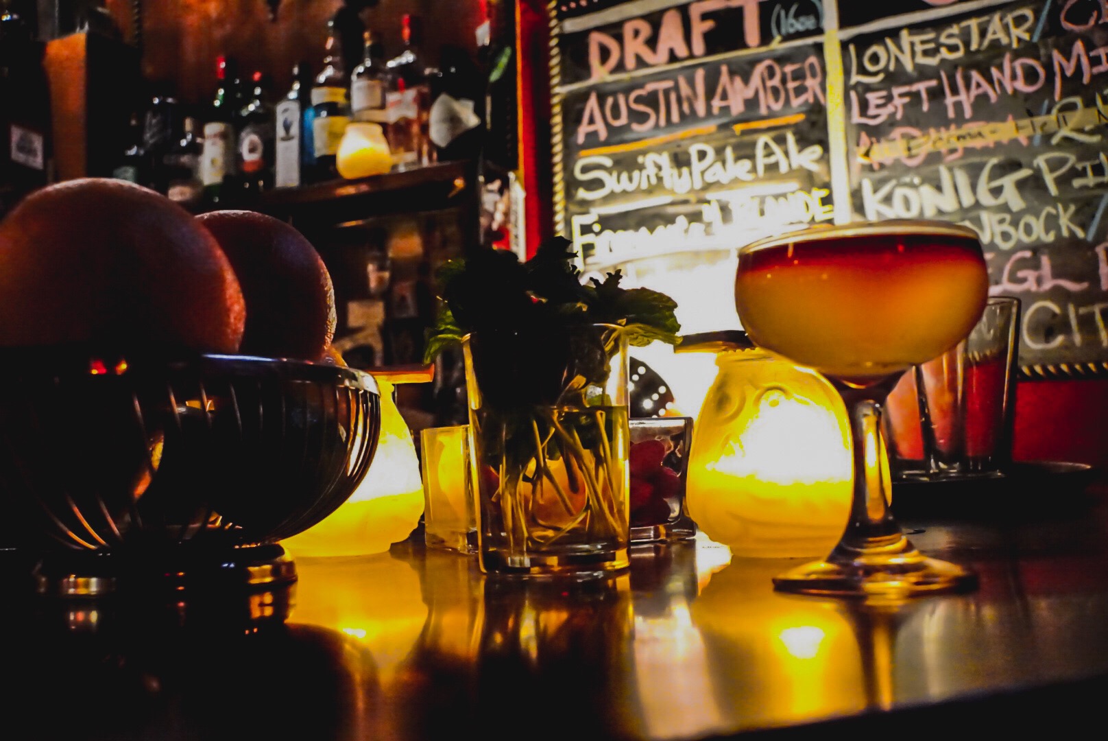 Craft cocktails and draft beer chalkboard at the Firehouse Lounge bar