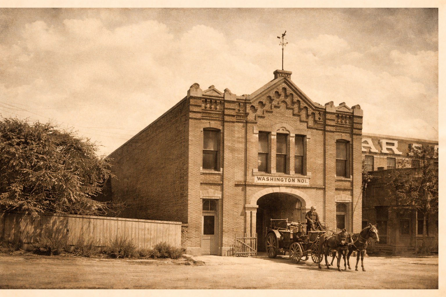 Washington No. 1 fire station, circa 1886, with horse-drawn wagon in front of the original brick firehouse